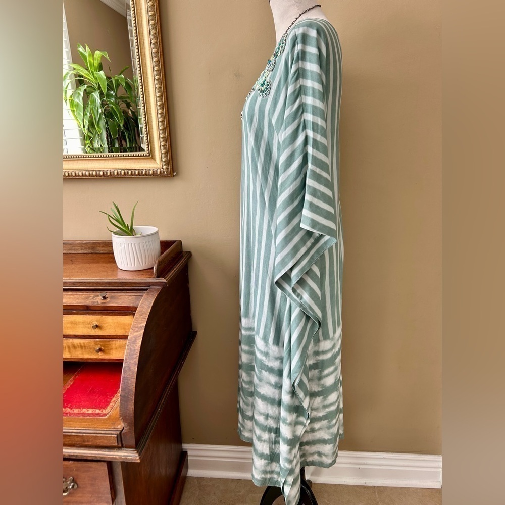 Soft Surroundings Harbor Caftan Kaftan Teal Stripe Beaded Sequin Cover-up Maxi - Picture 7 of 10
